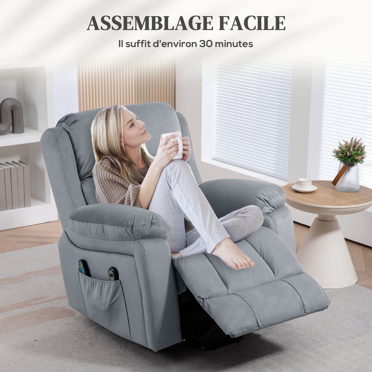 Fauteuil releveur électrique avec fonction massage et chaleur inclinaison réglable revêtement synthétique tissu gris