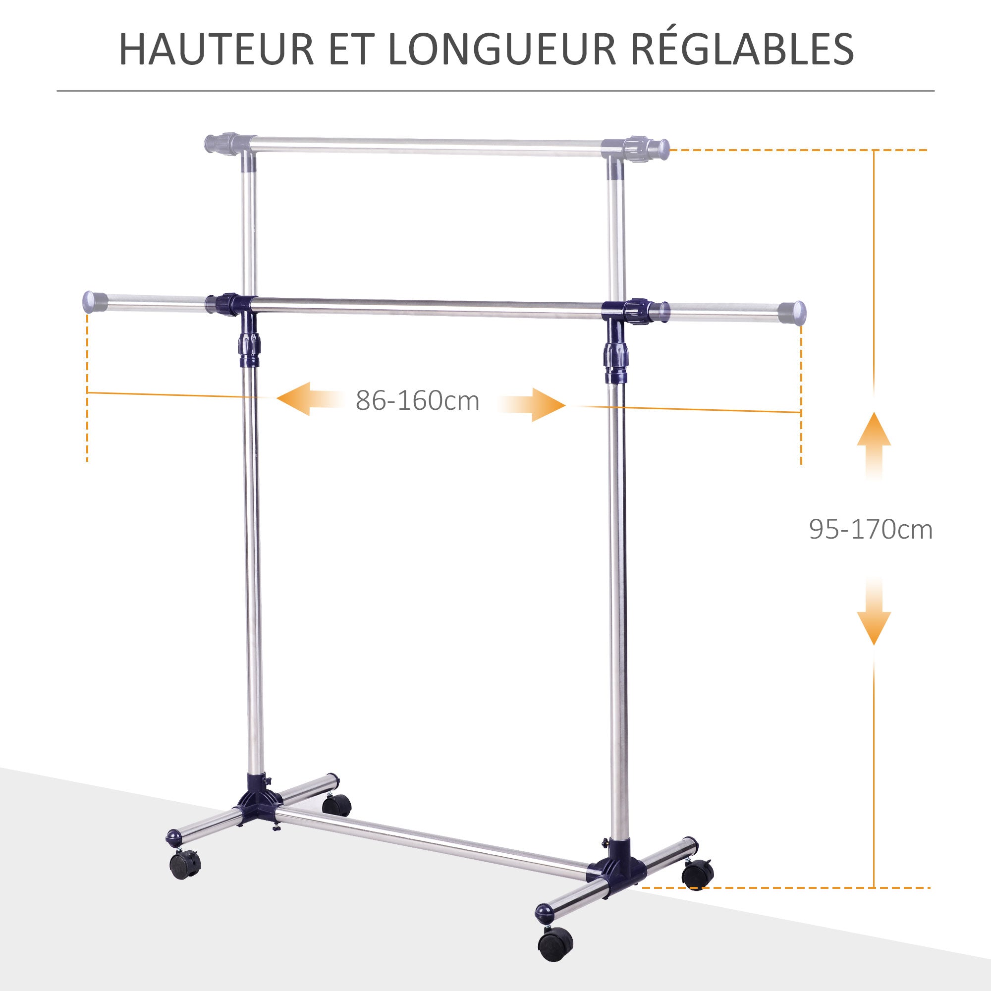 Portant à Vêtements, Tringle Réglable à Roulettes en Acier Inox, Charge Max. 25 kg, Argent