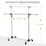 Portant à Vêtements, Tringle Réglable à Roulettes en Acier Inox, Charge Max. 25 kg, Argent