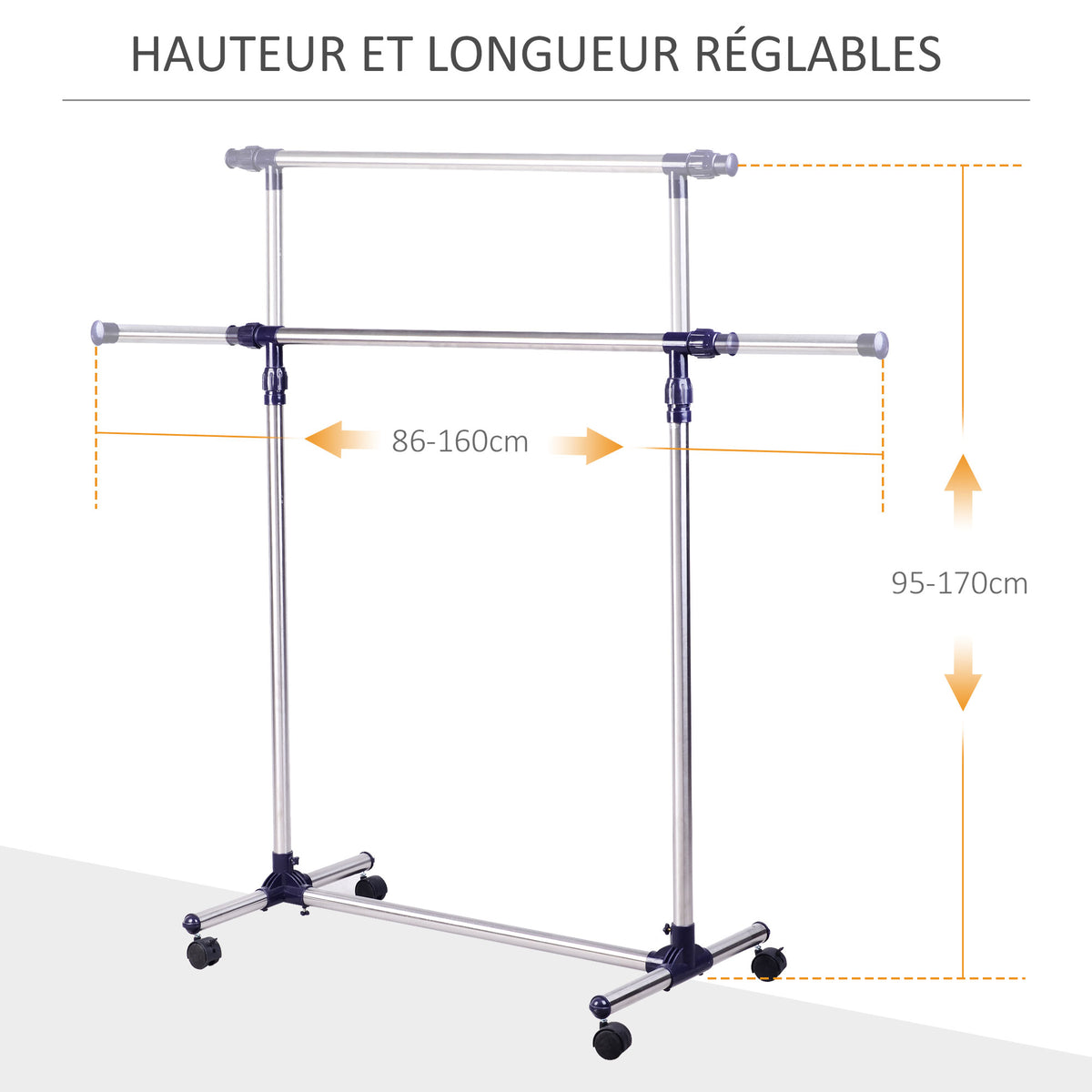 Portant à Vêtements, Tringle Réglable à Roulettes en Acier Inox, Charge Max. 25 kg, Argent