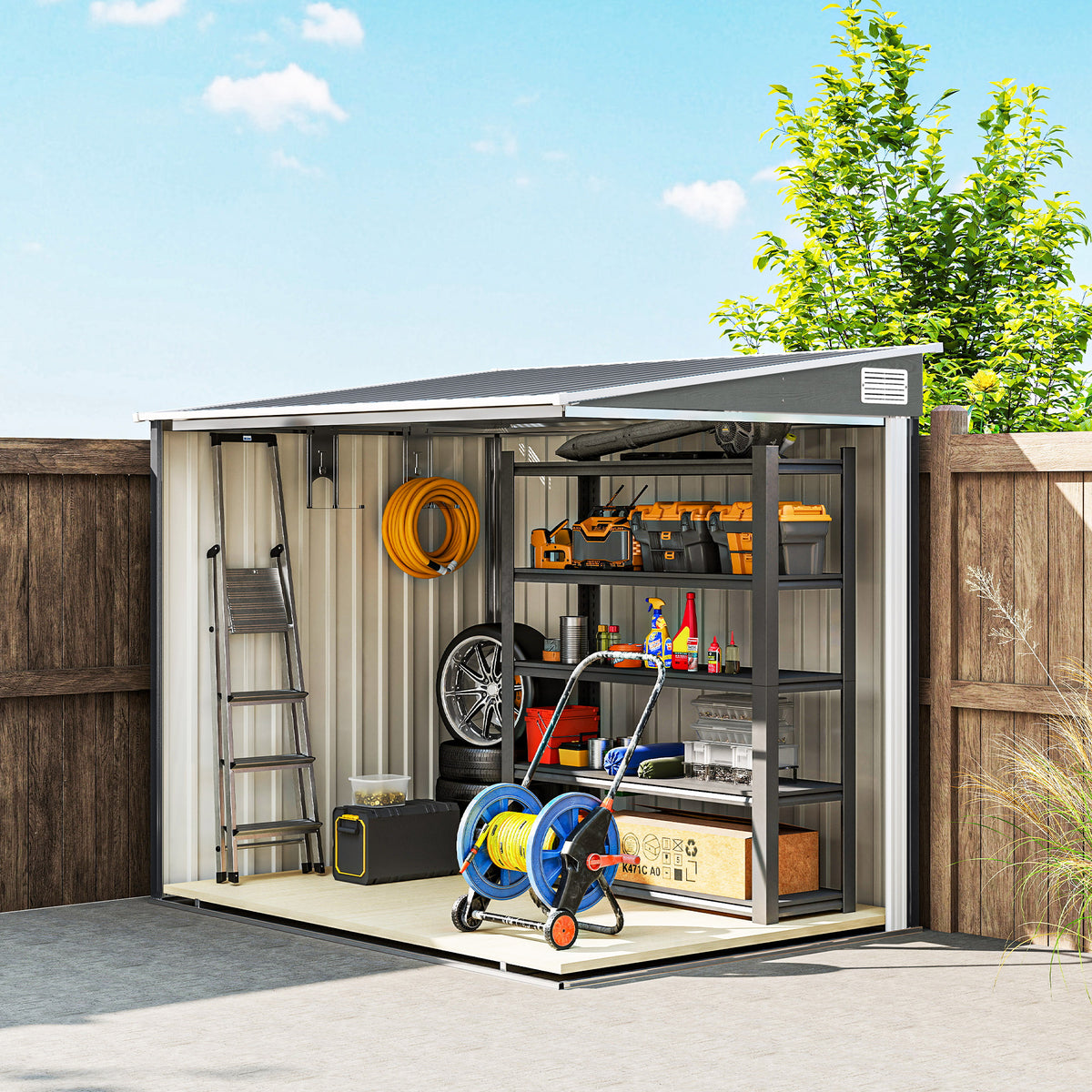 Tuinhuis 2,81 m² met Fundering, Aanbouw Gereedschapsschuur van Gegalvaniseerd Staal, 154x206,5x181cm, Lichtgrijs