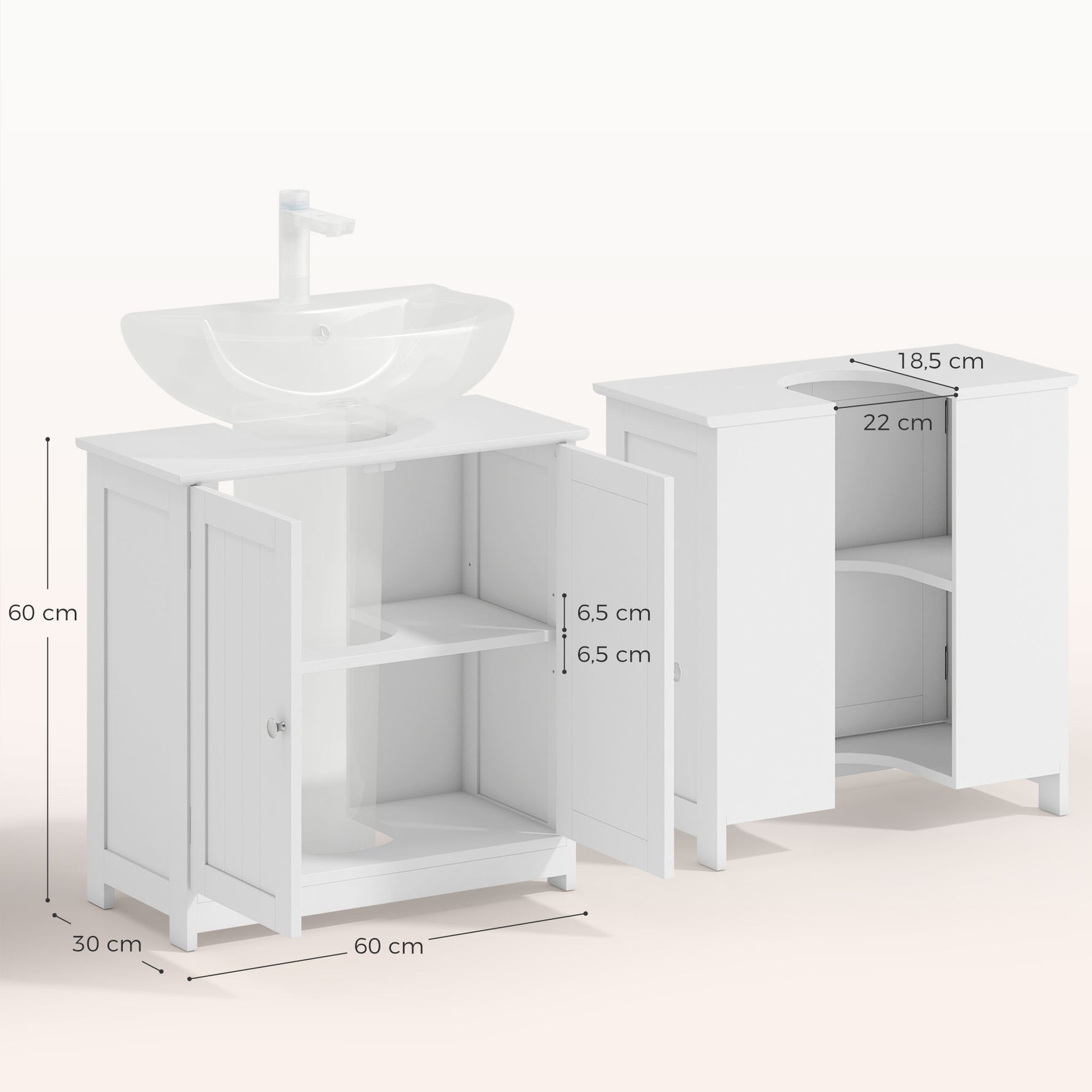 Meuble salle de bain sous lavabo - meuble sous-vasque - placard 2 portes avec étagère - dim. 60L x 30l x 60H cm - en bois blanc