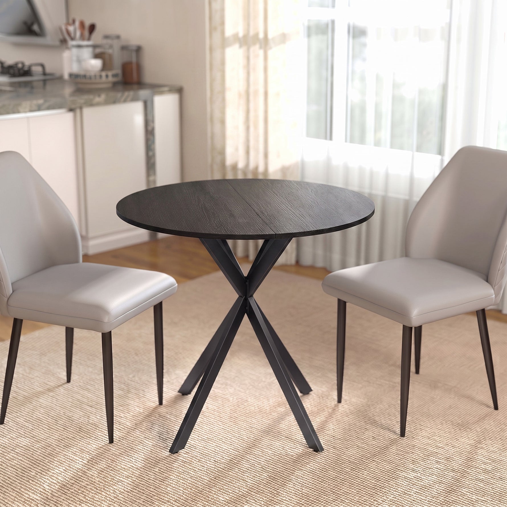 Table à Manger Ronde pour 2 Personnes avec Plateau Aspect Bois et Piètement Croisé en Acier, Noir