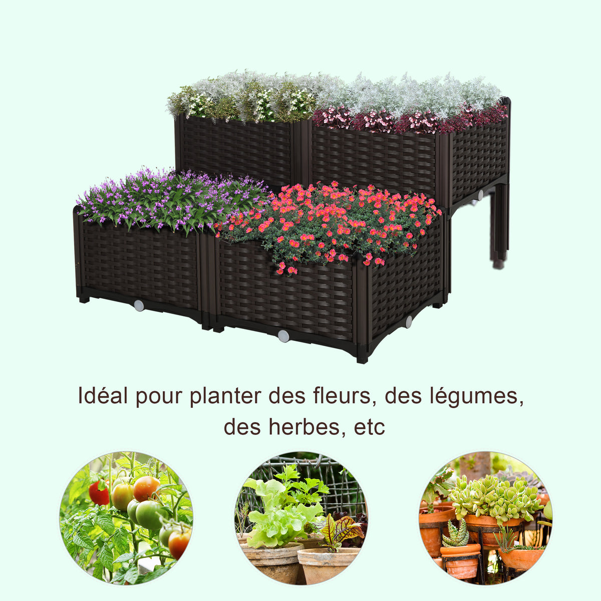 Jardinière sur Pieds carré Potager 2 étages dim. 80L x 80l x 44H cm Insert d'irrigation Plastique