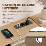 Meuble TV 140 cm avec 2 Prises et 2 Ports, Meuble Télé pour 84 Pouces, 2 Portes Battantes, 2 Portes Coulissantes, Chêne