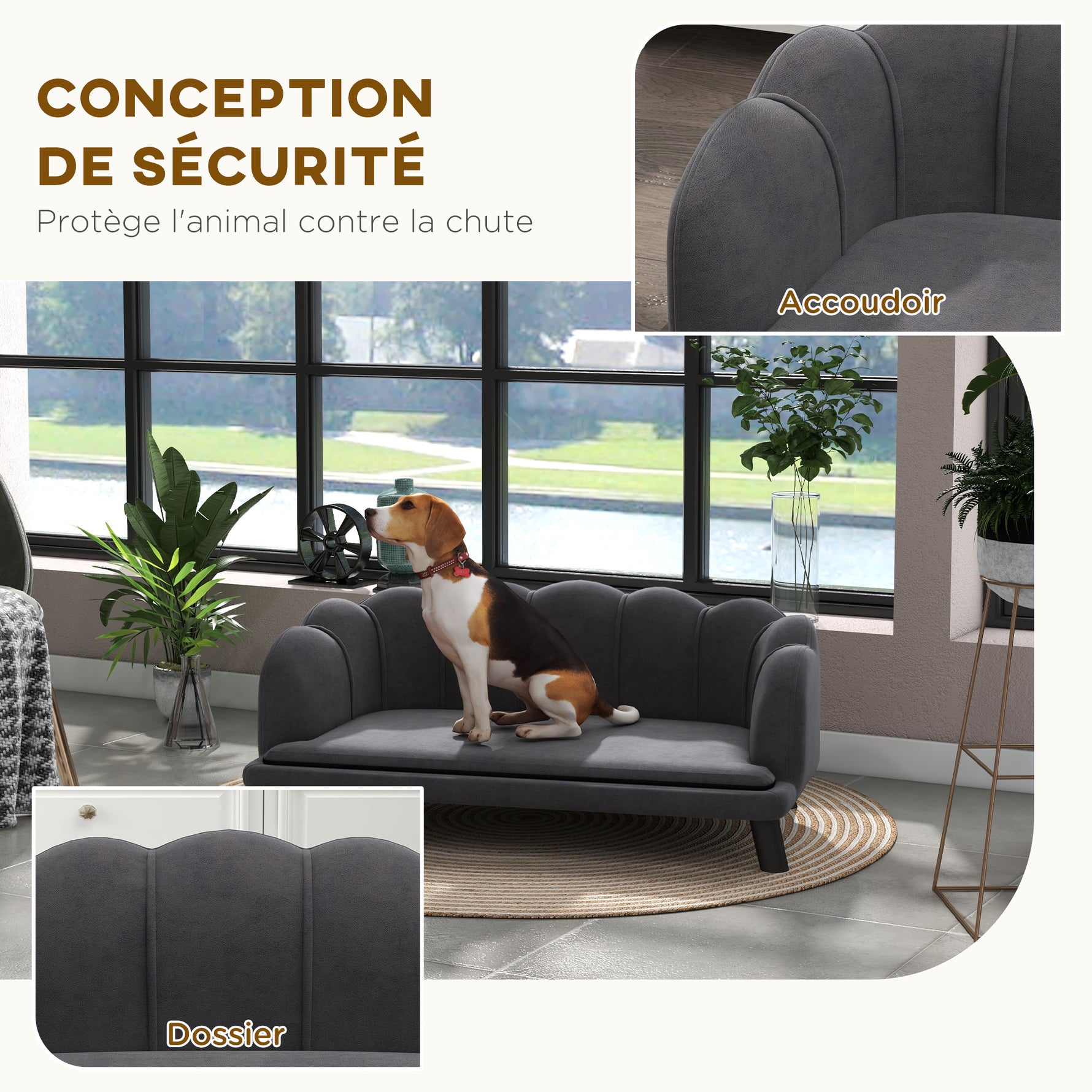 Canapé chien lit pour chien chat coquillage 98L x 60l x 35H cm coussin moelleux velours gris