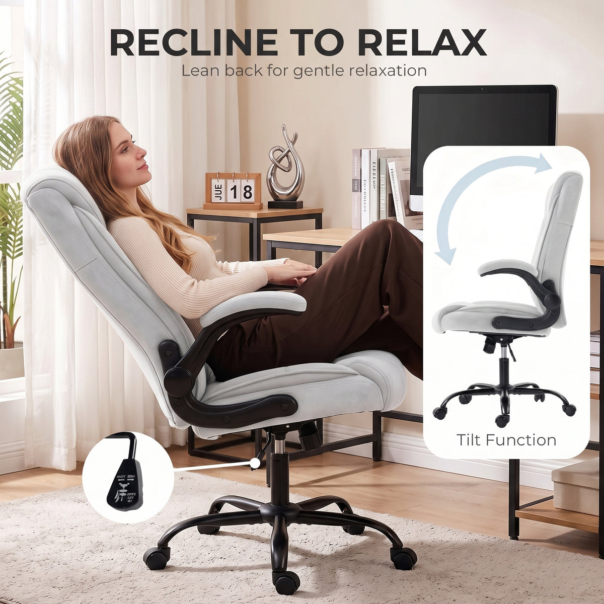 Silla de oficina ergonómica de tela de franela, altura ajustable, reclinable, reposabrazos abatibles, 66x77x122 cm, gris claro