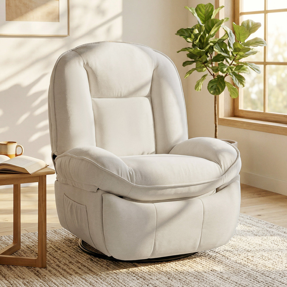 Fauteuil inclinable en chenille, fauteuil de relaxation pivotant à 360°, assise large, poches latérales, crème