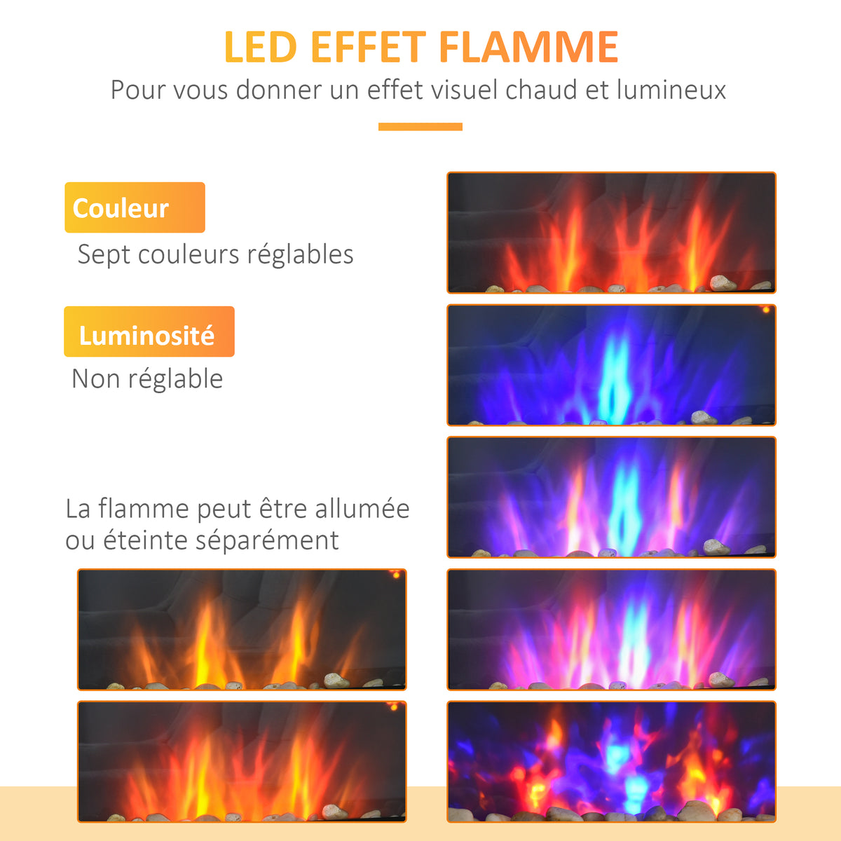 Cheminée électrique murale 1000/2000 W, cheminée décorative avec effet flamme 7 couleurs réglables, 72,5x11,5x40cm, noir