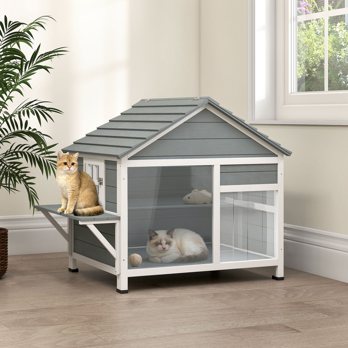 Buitenhuis voor katten met openslaand dak, panoramisch raam, lamellendeur en rustplatform 101x72,5x81cm grijs