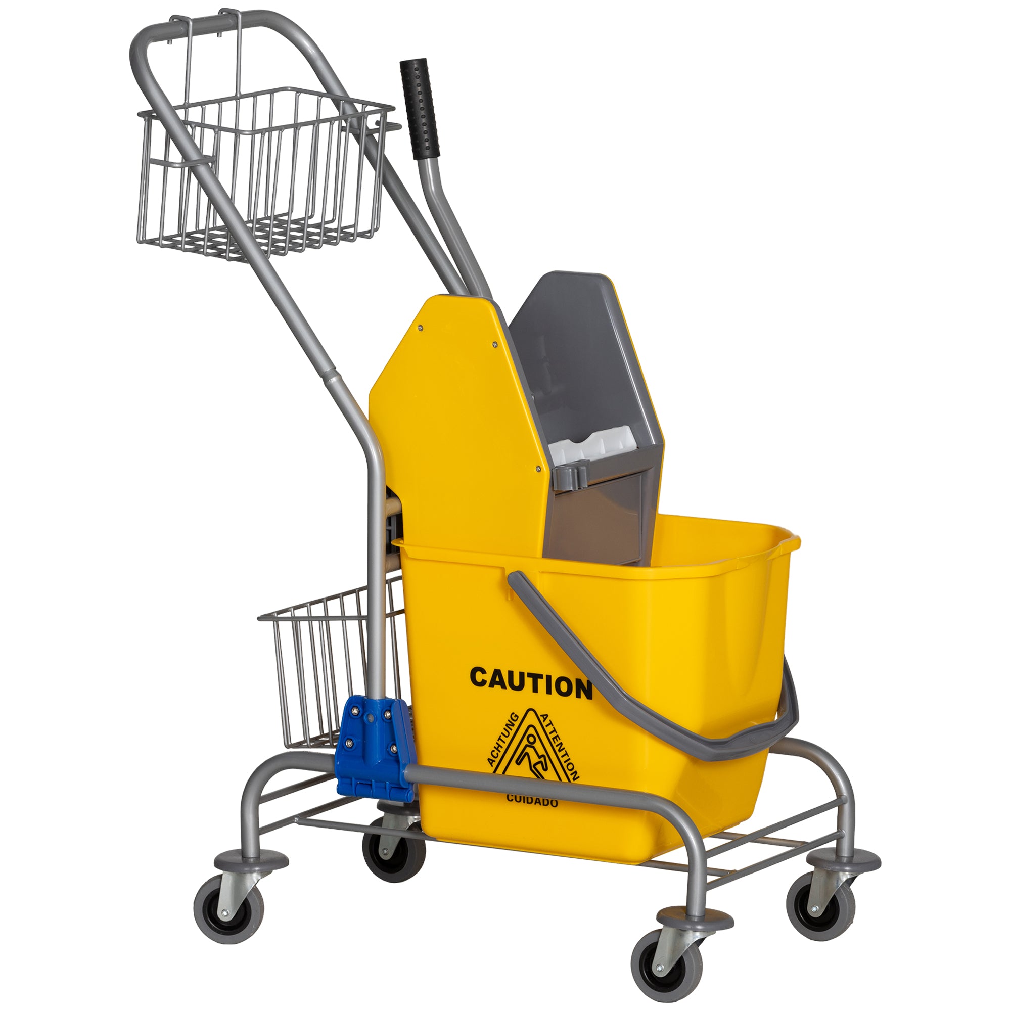 Chariot de lavage chariot de ménage professionnel presse à mâchoire seau 26 L + panier de rangements jaune