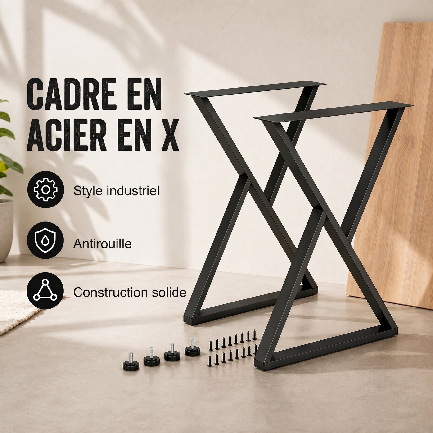 Pieds de table en acier, 60 x 72 cm, lot de 2 pieds de bureau en forme X avec patins réglables et vis, noir