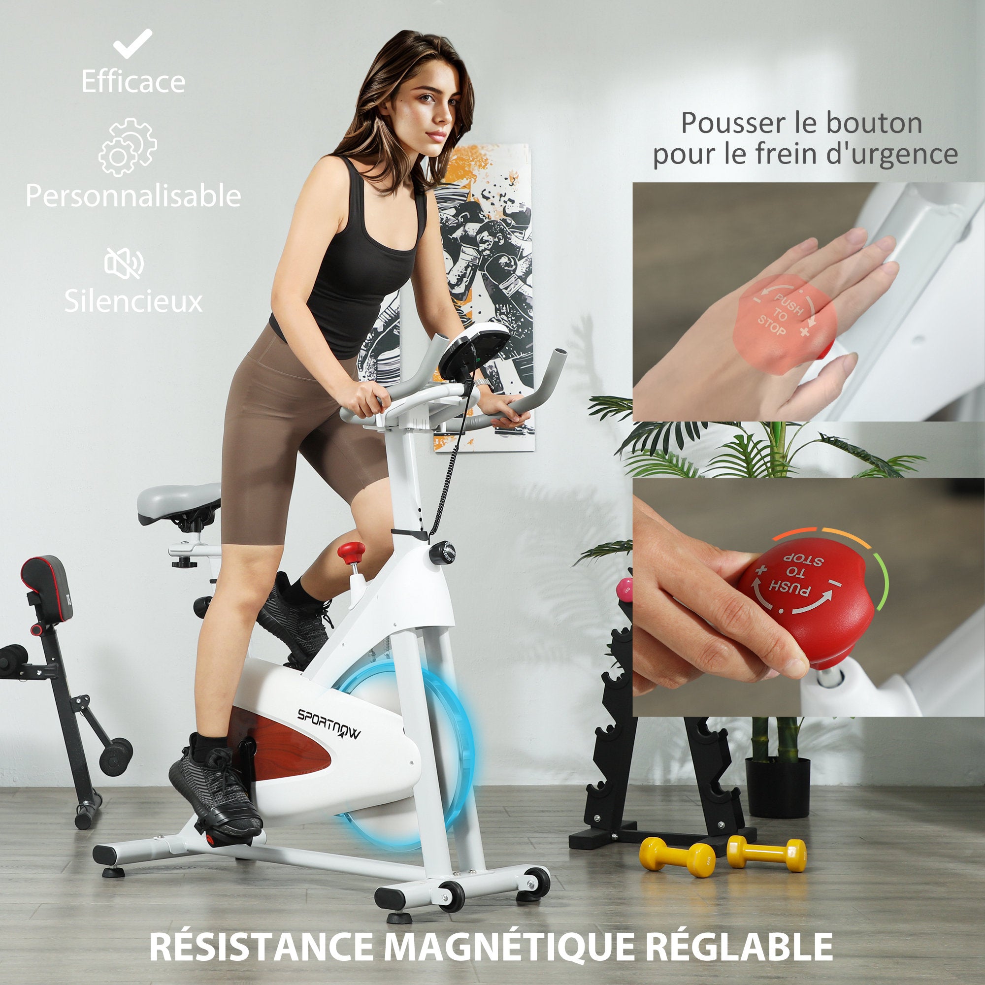 Vélo d'appartement silencieux avec selle et résistance réglables, moniteur LCD, support de tablette, blanc