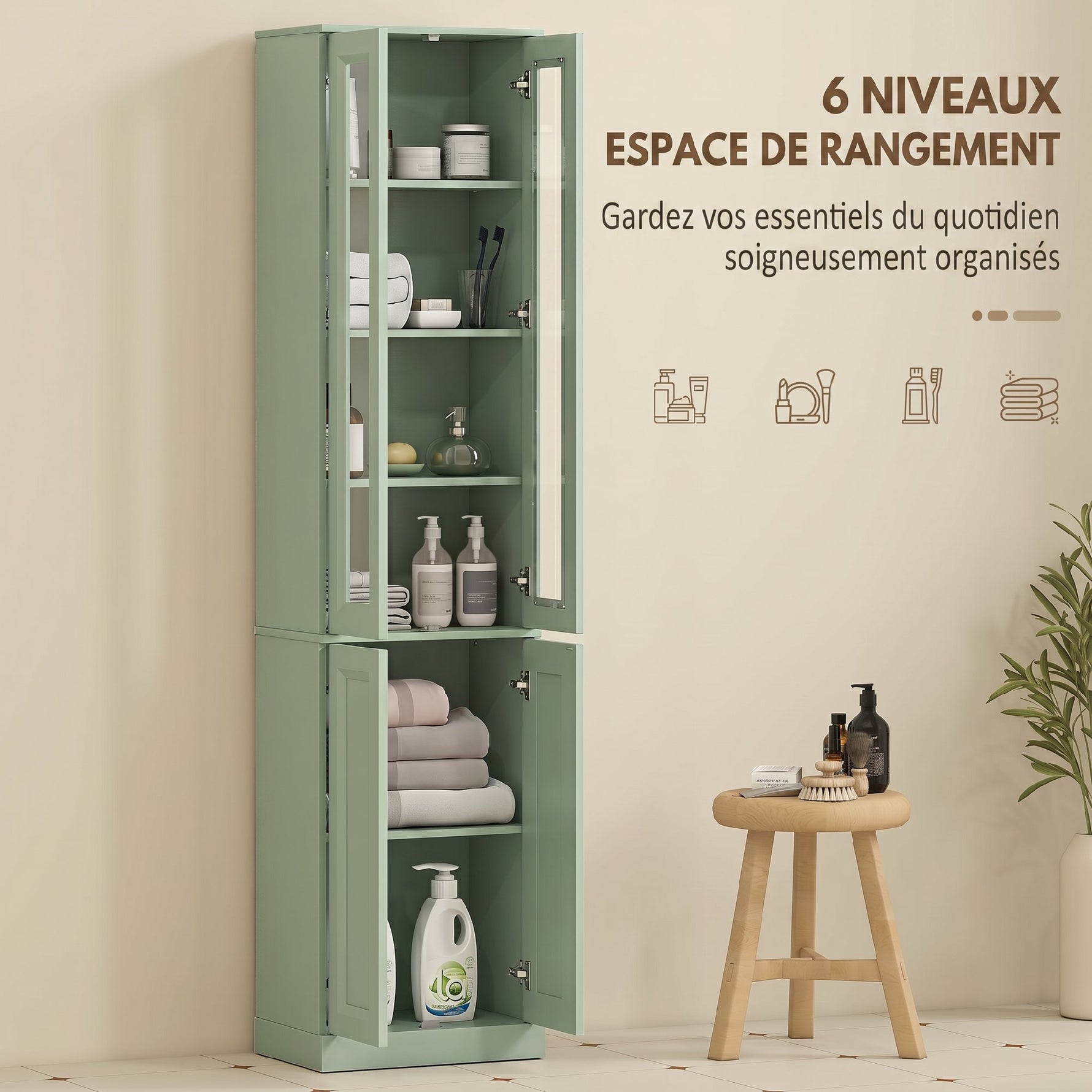 Meuble de Salle de Bain 6 niveaux, Meuble de Rangement avec 4 Portes à Fermeture Douce et Étagères Réglables, Vert