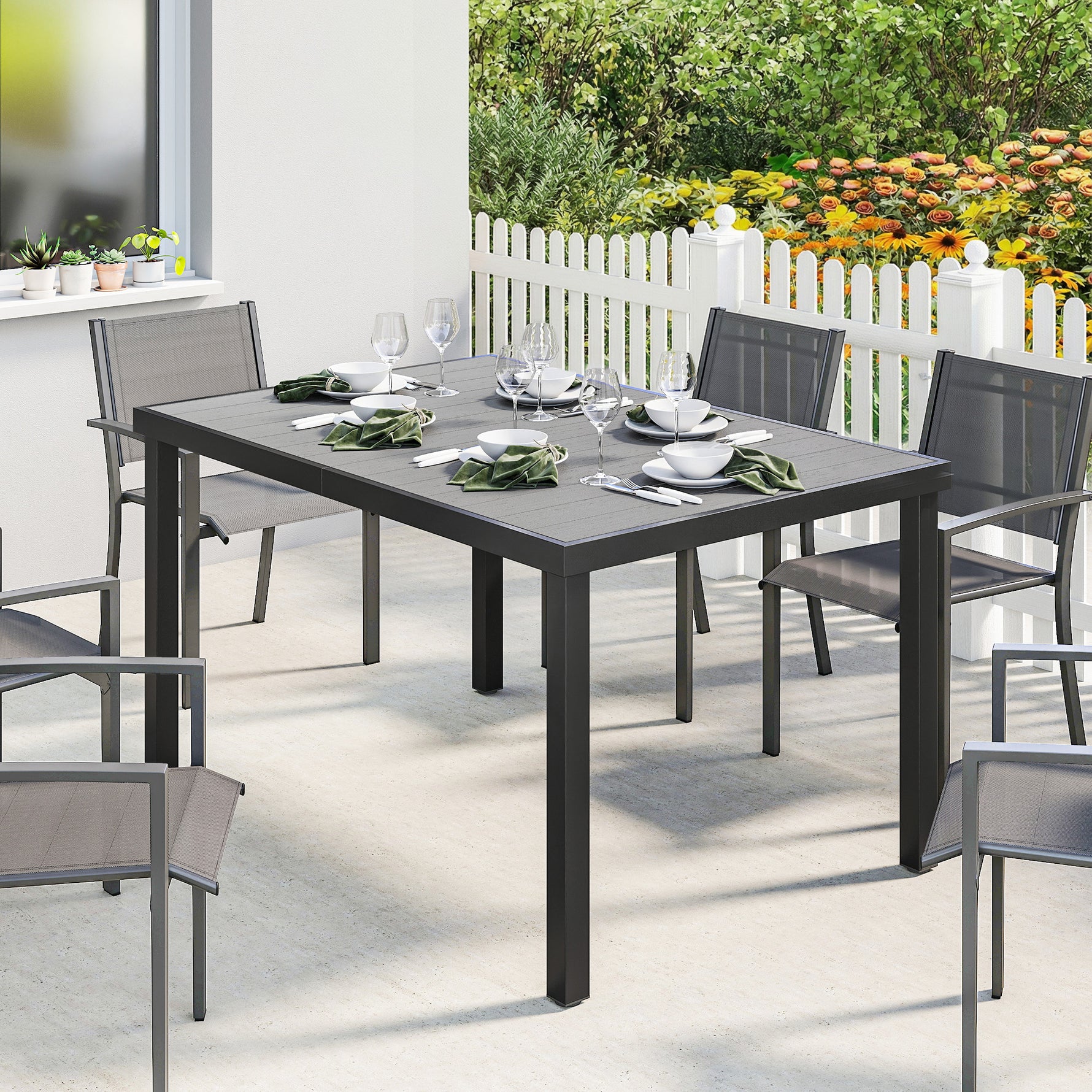 Table de jardin pour 4 à 6 personnes, table à manger extérieure avec plateau à lattes, 140 x 90 x 74 cm, gris