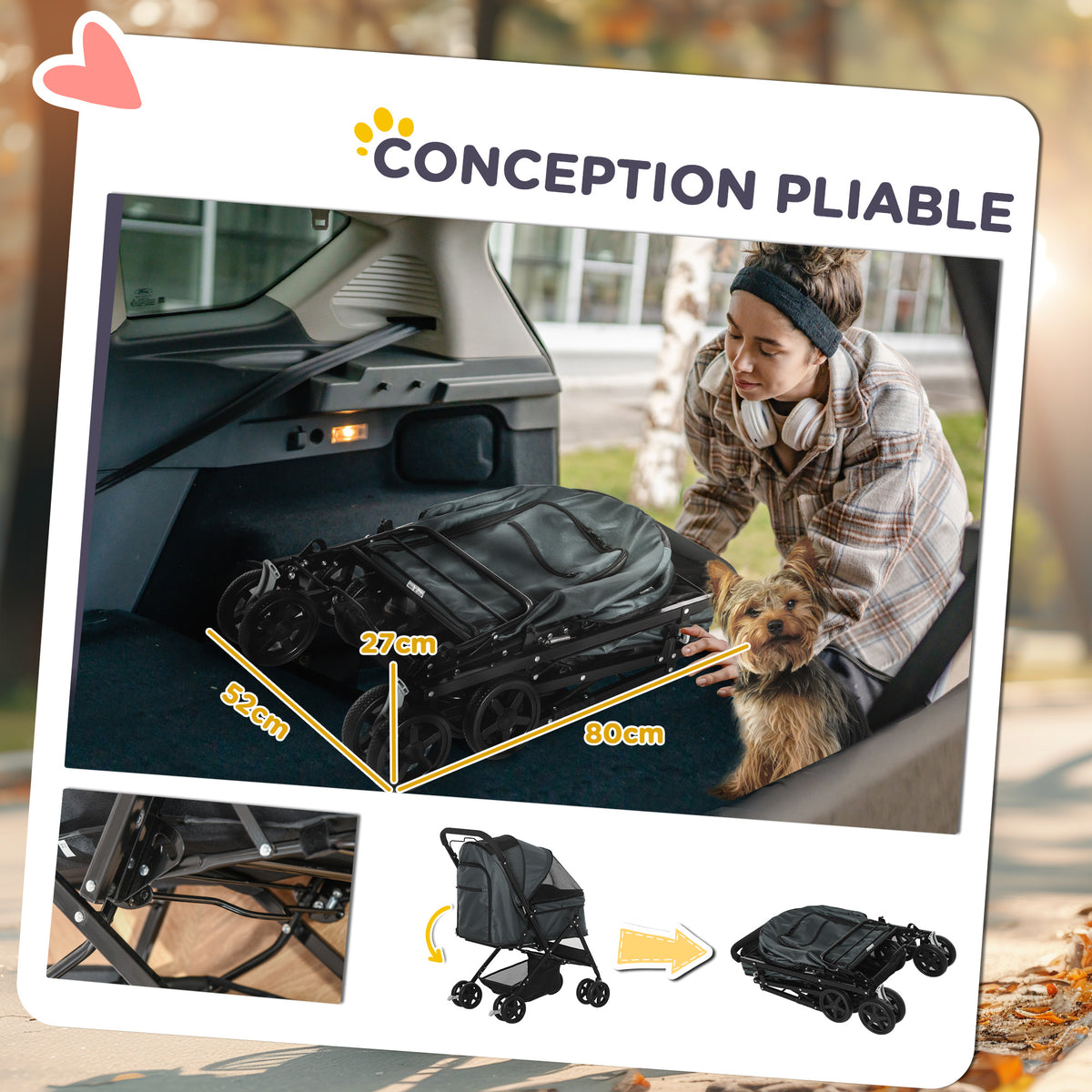 Cochecito plegable para perros y mascotas, 4 ruedas de EVA, manillar ajustable, cesta, 76,5 x 52 x 95 cm