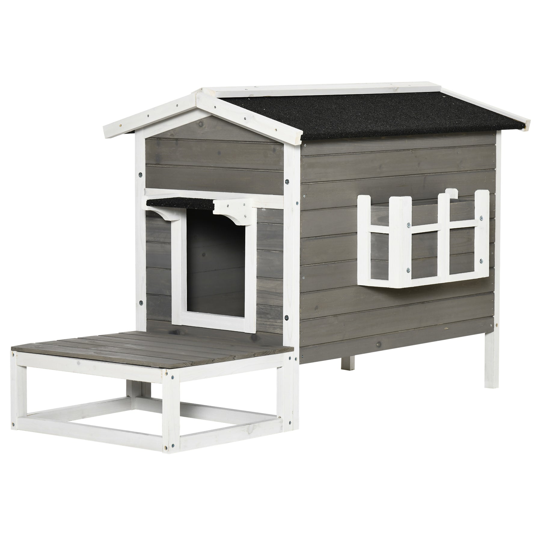 Maisonnette pour chats niche extérieure surélevé avec terrasse étanche en bois, dim. 115L x 66,5P x 74,7H cm, gris