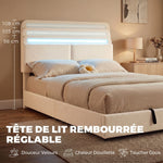 Lit Coffre 140 x 190 cm, LED RGB, Tête Réglable, Cadre de Lit Double Rembourré Velours, Rangement Hydraulique, Crème