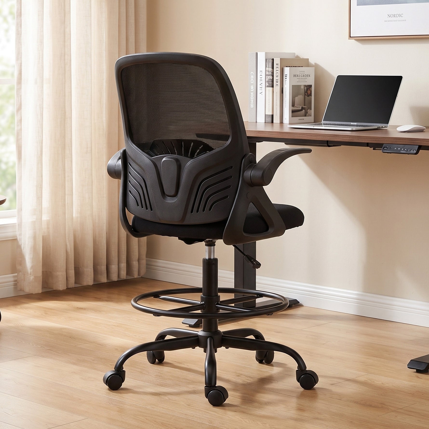 Chaise Bureau Ergonomique avec Soutien Lombaire Réglable, Chaise de Dessin en Maille, Accoudoirs Relevables, Noir