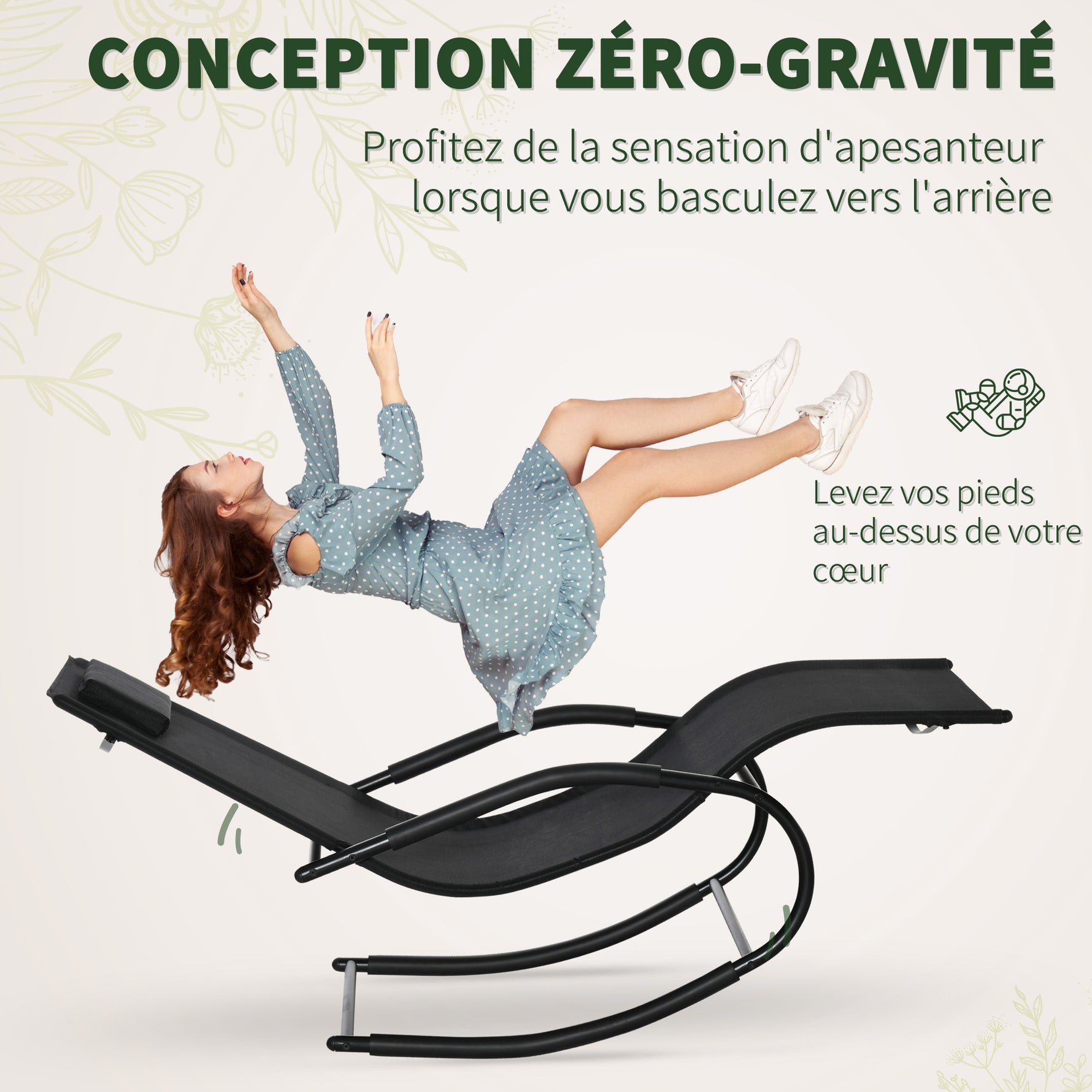 Chaise longue à bascule rocking chair ergonomique avec tétière accoudoirs métal galvanisé textilène 62l x 150P