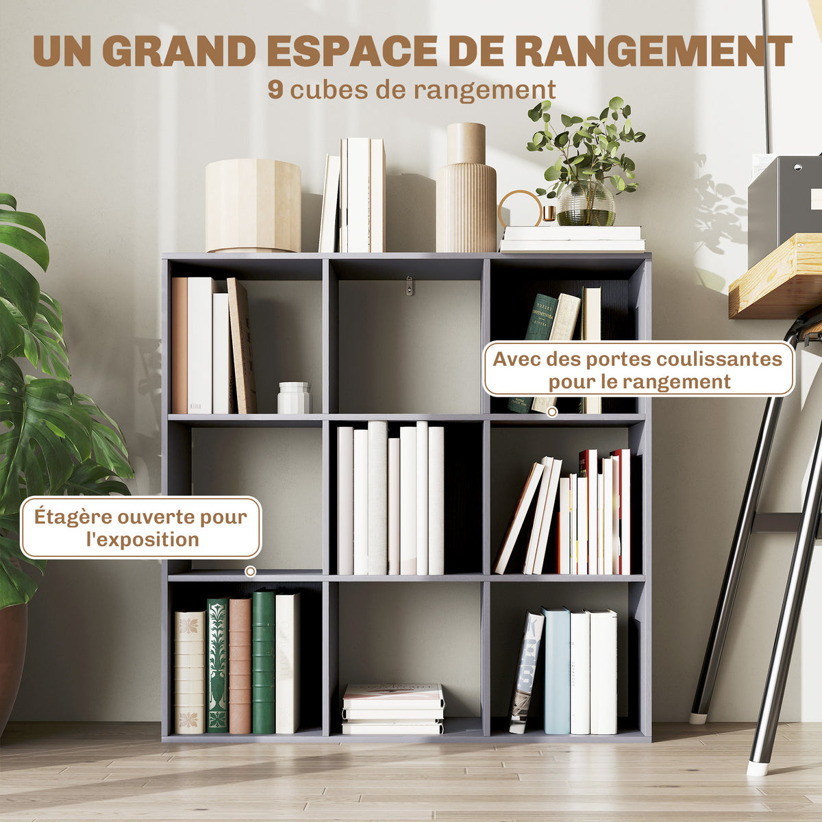 Bibliothèque, étagère de rangement à 3 niveaux avec 9 compartiments, pour salon, bureau, chambre, 91x29,5x91cm, gris