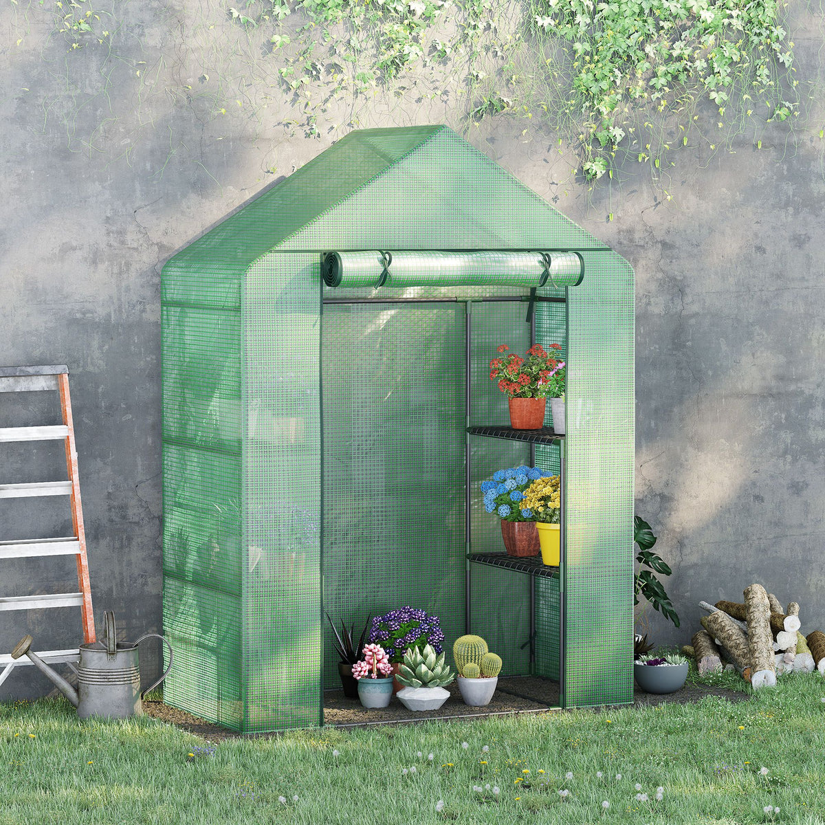Serre de Jardin avec Étagères 3 Niveaux, Petite Serre de Balcon en Bâche PE 140 g/㎡ Renforcée 141 x 72 x 191 cm, Vert
