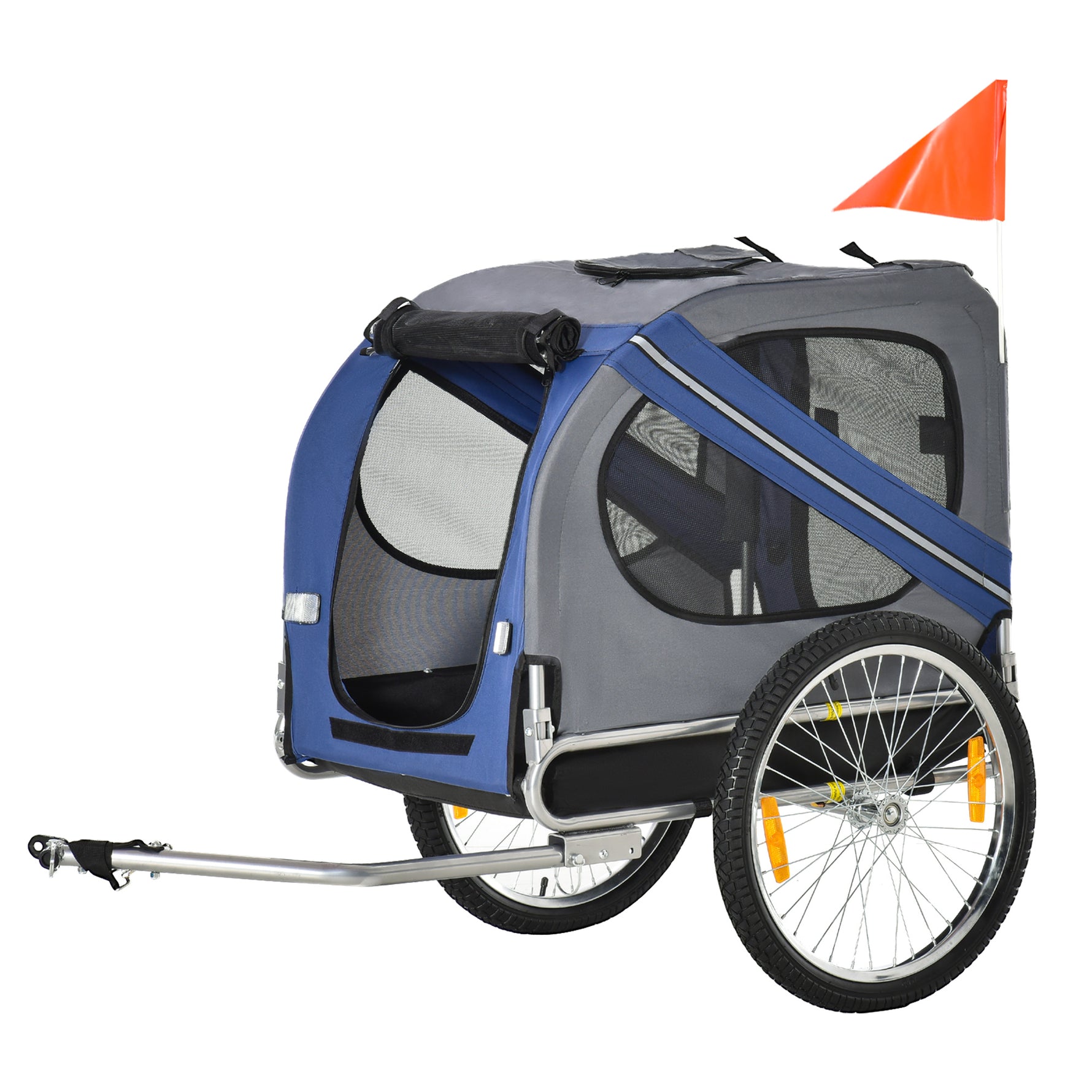 Remorque vélo pour chien animaux 8 réflecteurs drapeau barre attelage inclus acier polyester imperméable max. 30 Kg 130L x 73l x 90H cm bleu