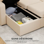 Canapé d'angle convertible en velours côtelé, canapé-lit 3 places avec rangement caché, coussins, 205x135x76cm, beige