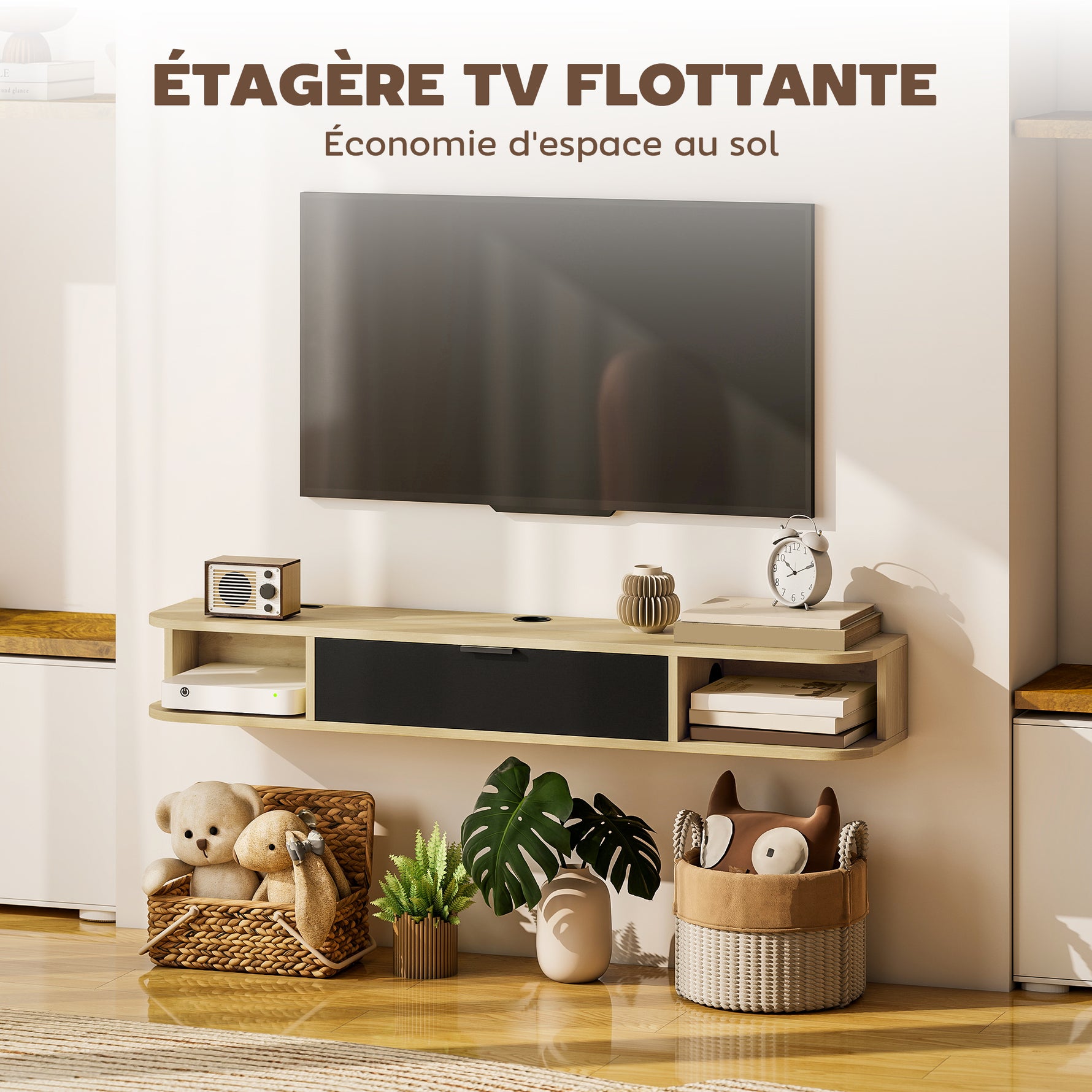 Meuble TV suspendu, meuble télé pour téléviseur jusqu'à 50 pouces, tiroir rabattable 2 étagères 120x24x16cm noir