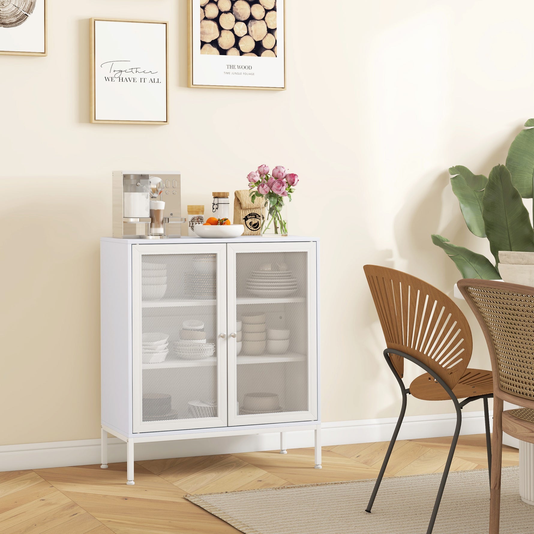 Buffet meuble de cuisine à 3 niveaux avec 2 portes grillagées avec étagère réglable 80 x 37 x 92 cm blanc