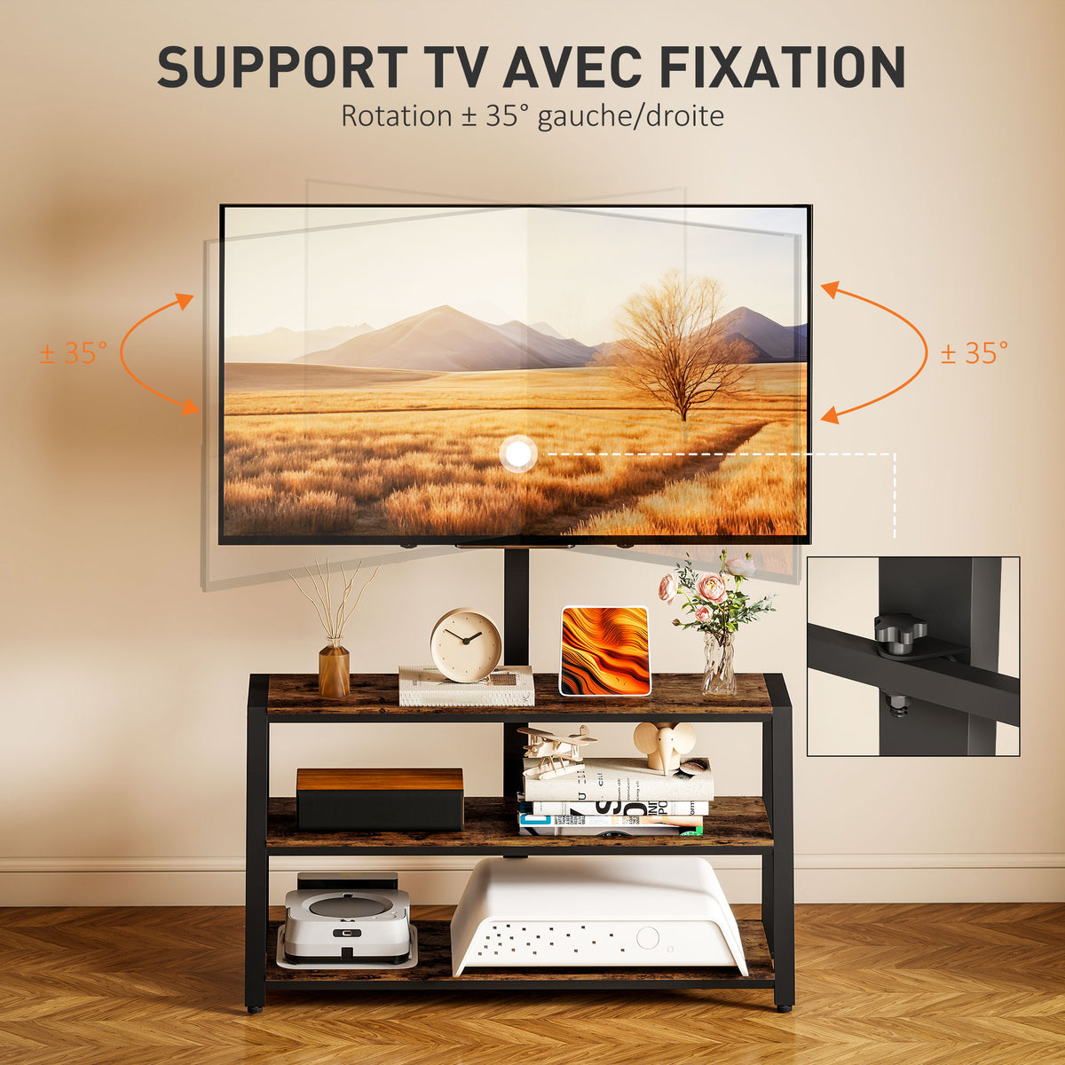 Meuble TV avec support pour téléviseurs de 32-70 pouces, étagères ouvertes, angle ajustable 35°, 108x41x135cm, marron