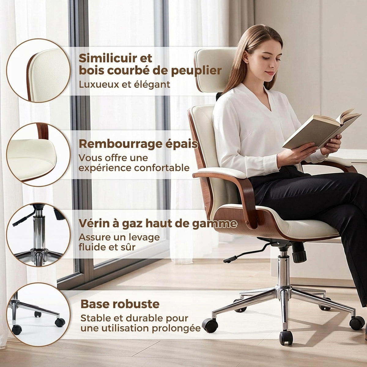 Bureaustoel, bureaustoel met afneembare hoofdsteun, in hoogte verstelbaar en met kantelfunctie, 66x65x125 cm, crème