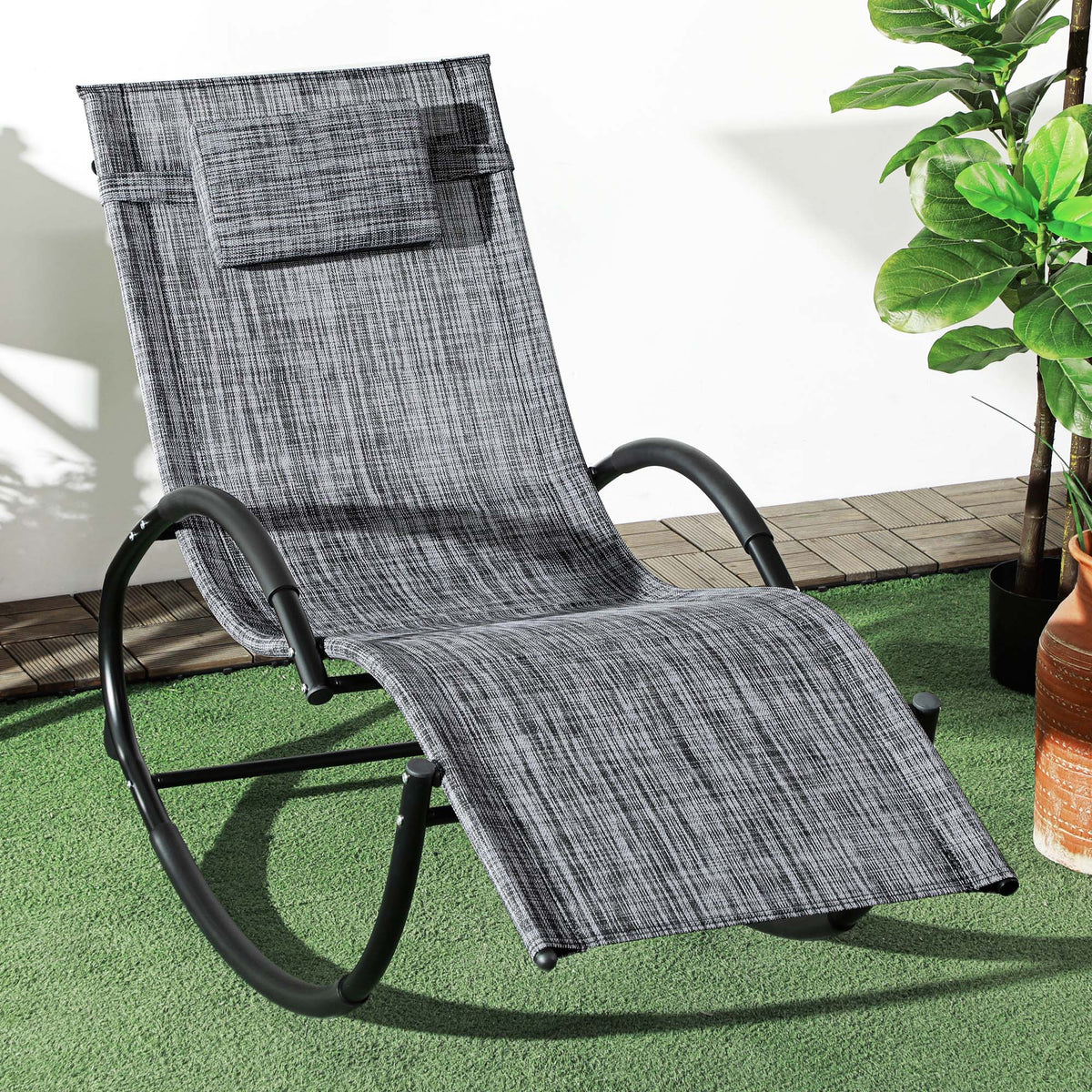 Chaise longue à bascule avec tétière utilisation extérieure intérieure gris chiné