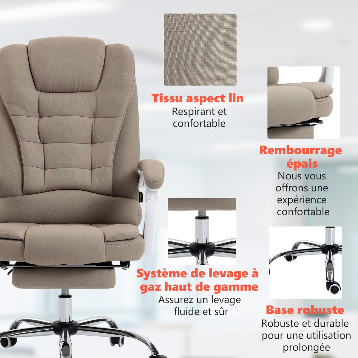Fauteuil de bureau direction massant chauffant hauteur réglable dossier inclinable toile de lin beige