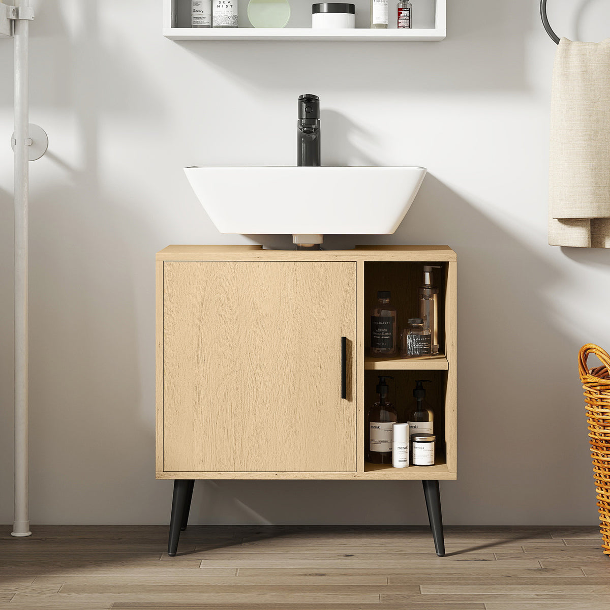 Meuble sous lavabo salle de bain avec porte à fermeture progressive et étagère réglable, 60 x 30 x 59,5 cm, chêne