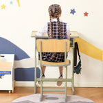 Bureau enfant Vintage style pupitre d'écolier - ensemble bureau et chaise réglable - case de rangement, bracket, range-stylos - acier kaki MDF aspect bois clair