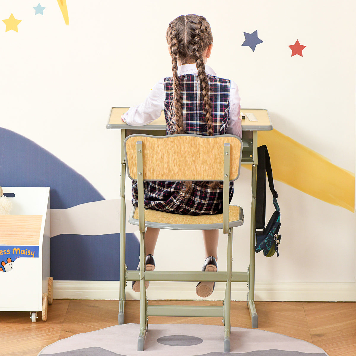 Bureau enfant Vintage style pupitre d'écolier - ensemble bureau et chaise réglable - case de rangement, bracket, range-stylos - acier kaki MDF aspect bois clair