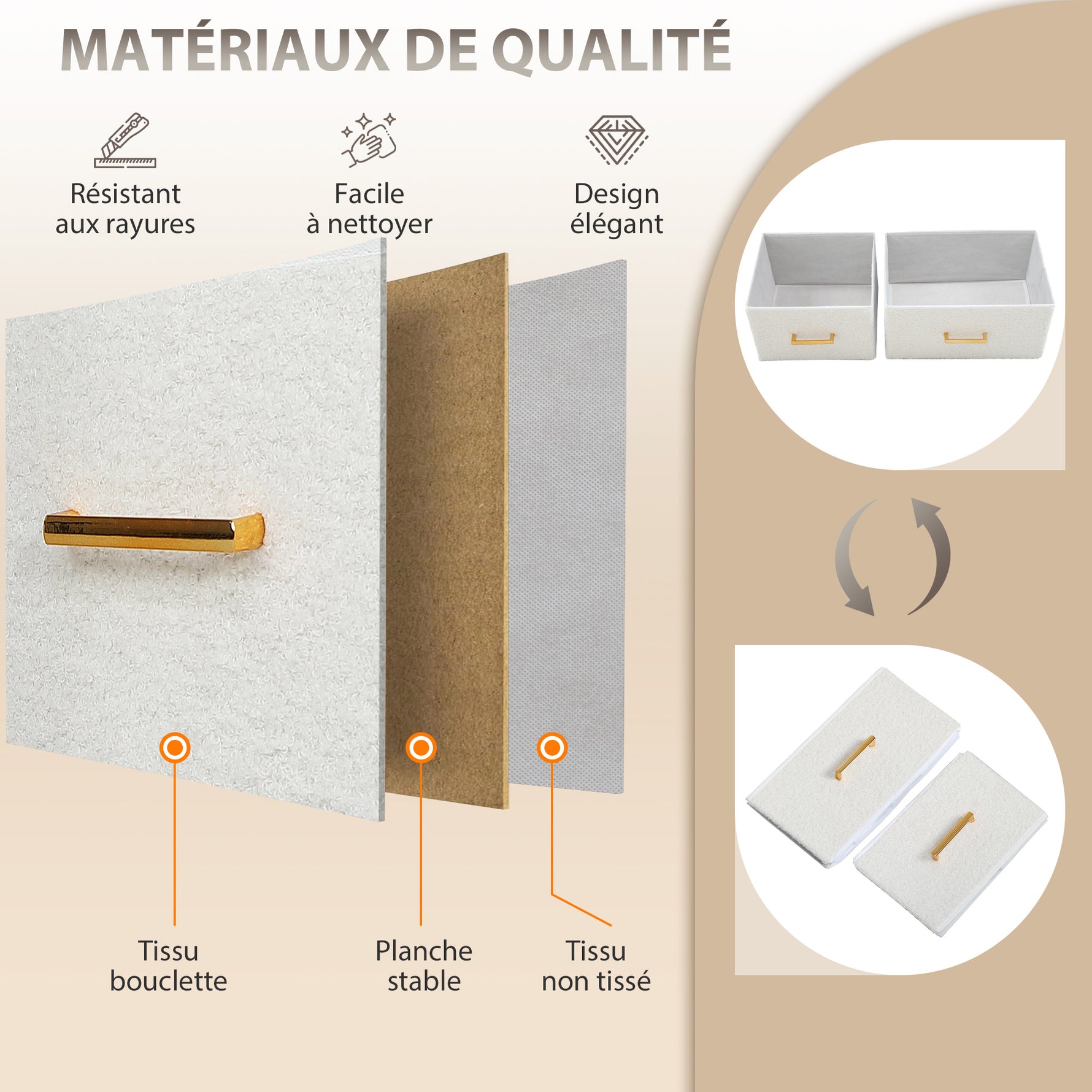 Commode 8 tiroirs en tissu bouclette, meuble de rangement avec 2 prises de courant, structure en acier 110x30x76cm crème