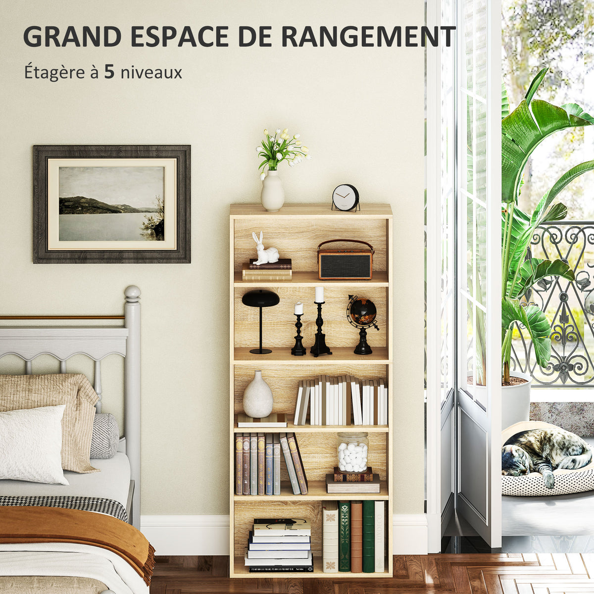 Bibliothèque étagère de rangement 5 niveaux avec étagères réglables pour salon, chambre, bureau, 60x24x133,5cm, naturel