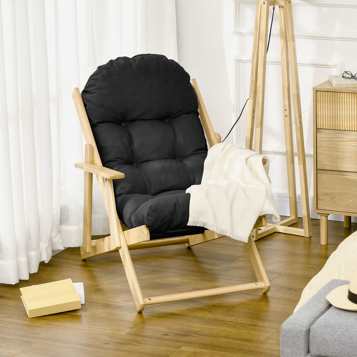 Fauteuil Chaise de Salon Pliable et inclinable en Bois Fauteuil Relax Confortable avec Coussin capitonné épais