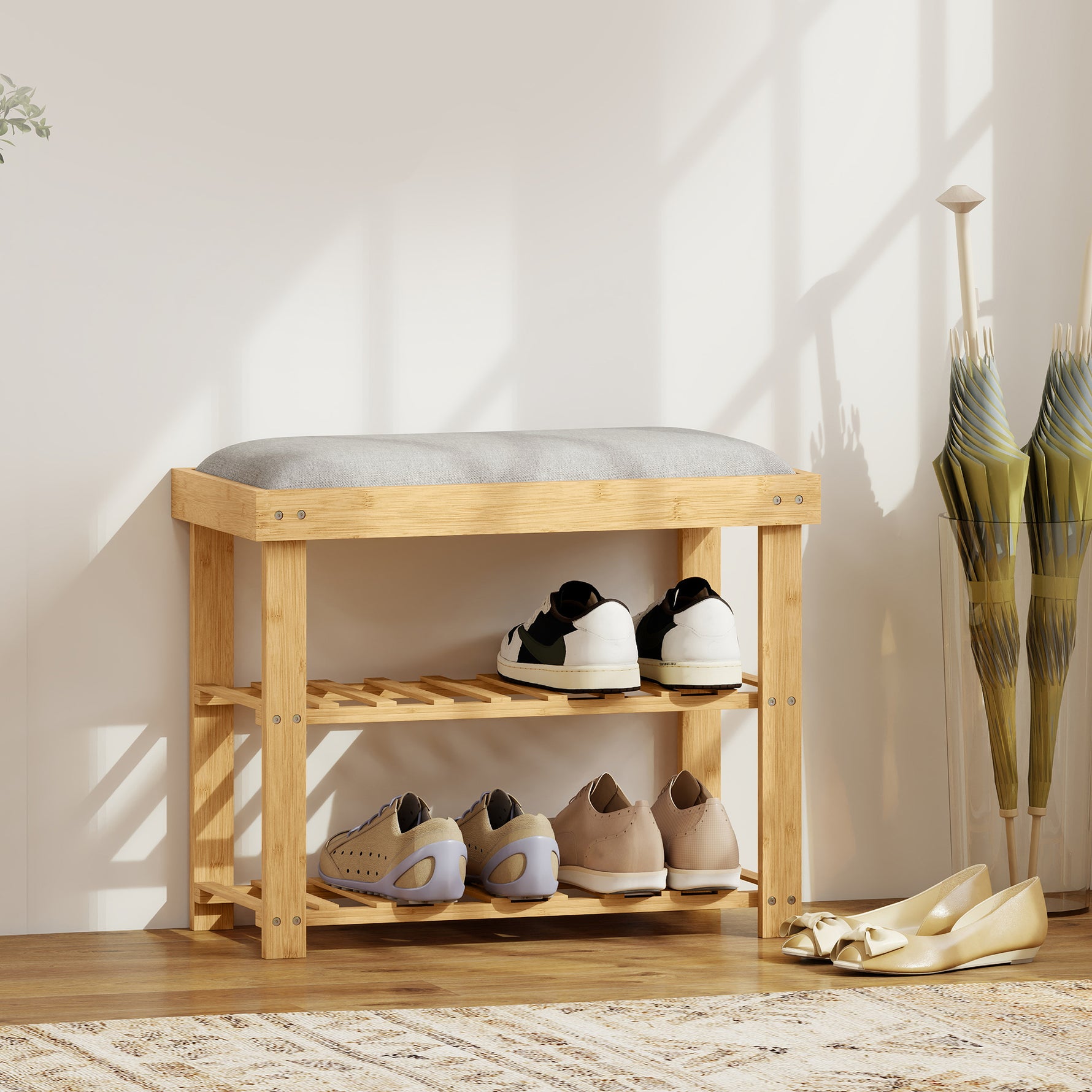 Meuble à Chaussures Banc à Chaussures 2 étagères Coussin Gris intégré Bambou
