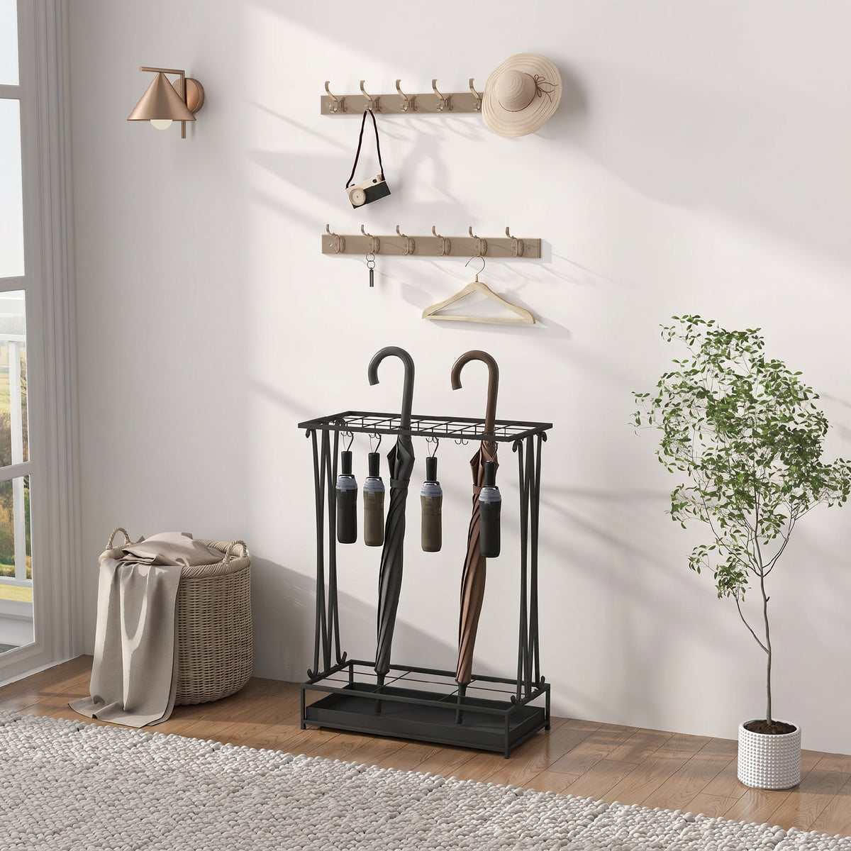 Steel Umbrella Stand with 21 Slots, 24 Hooks, Removable Drip Tray and Shelf, 50x24x68cm, Black