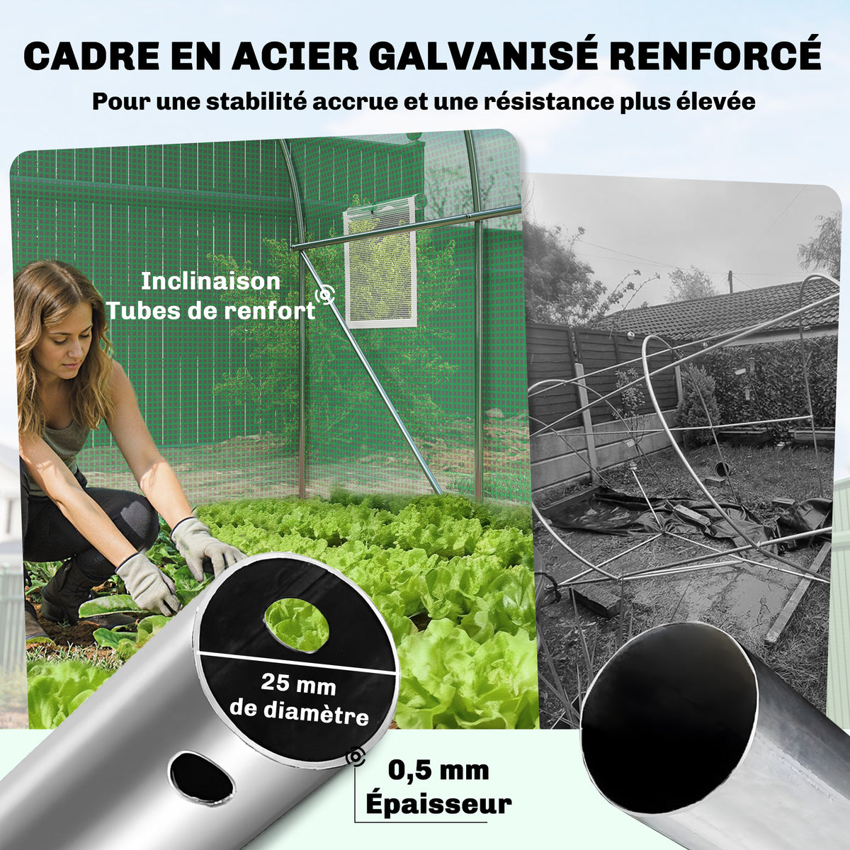 Serre tunnel de jardin 6m², serre de jardin tunnel 200x300x200cm porte et 6 fenêtres, bâche PE 140 g/m² vert