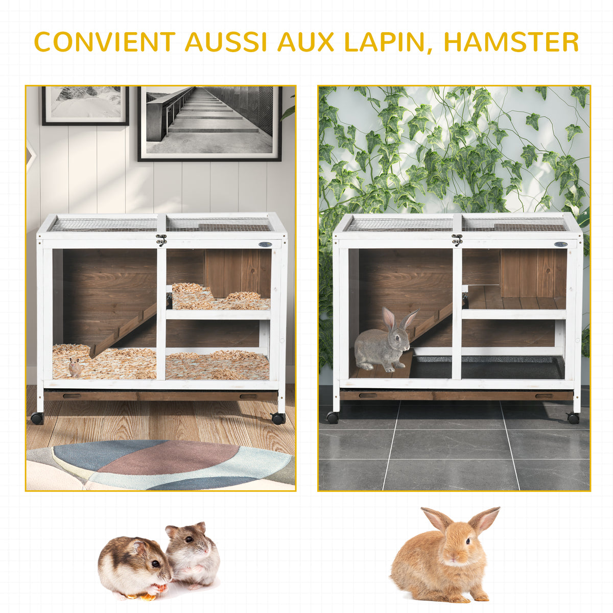 Cage à lapin clapier sur roulettes petit enclos animaux en bois massif 2 étages toit ouvrant 91,5 x 53,3 x 73 cm marron