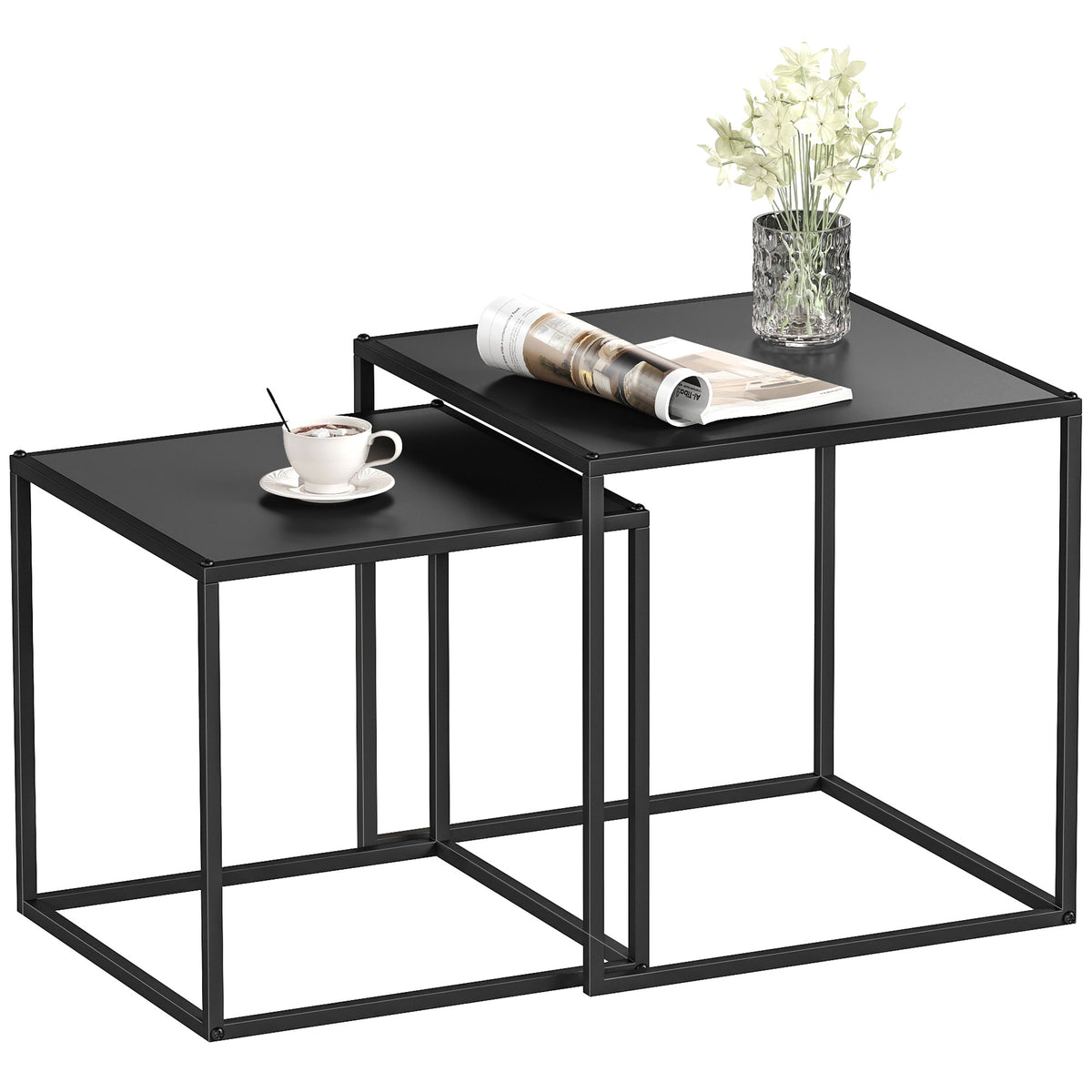 Lot de 2 tables basses gigognes carrées style industriel en métal noir mat - dim. 40 et 35 cm