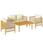 Salon de Jardin Ensemble de Mobilier 4 Pièces en Bois d'Acacia Coussins Déhoussables et Corde Tressée Naturel