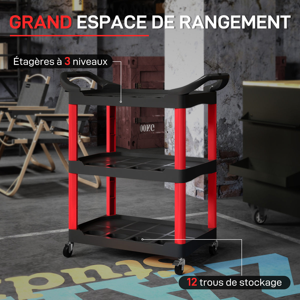 Chariot d'atelier à 3 niveaux avec poignée latérale pour garage, entrepôt, outils de bricolage, charge 91 Kg, noir
