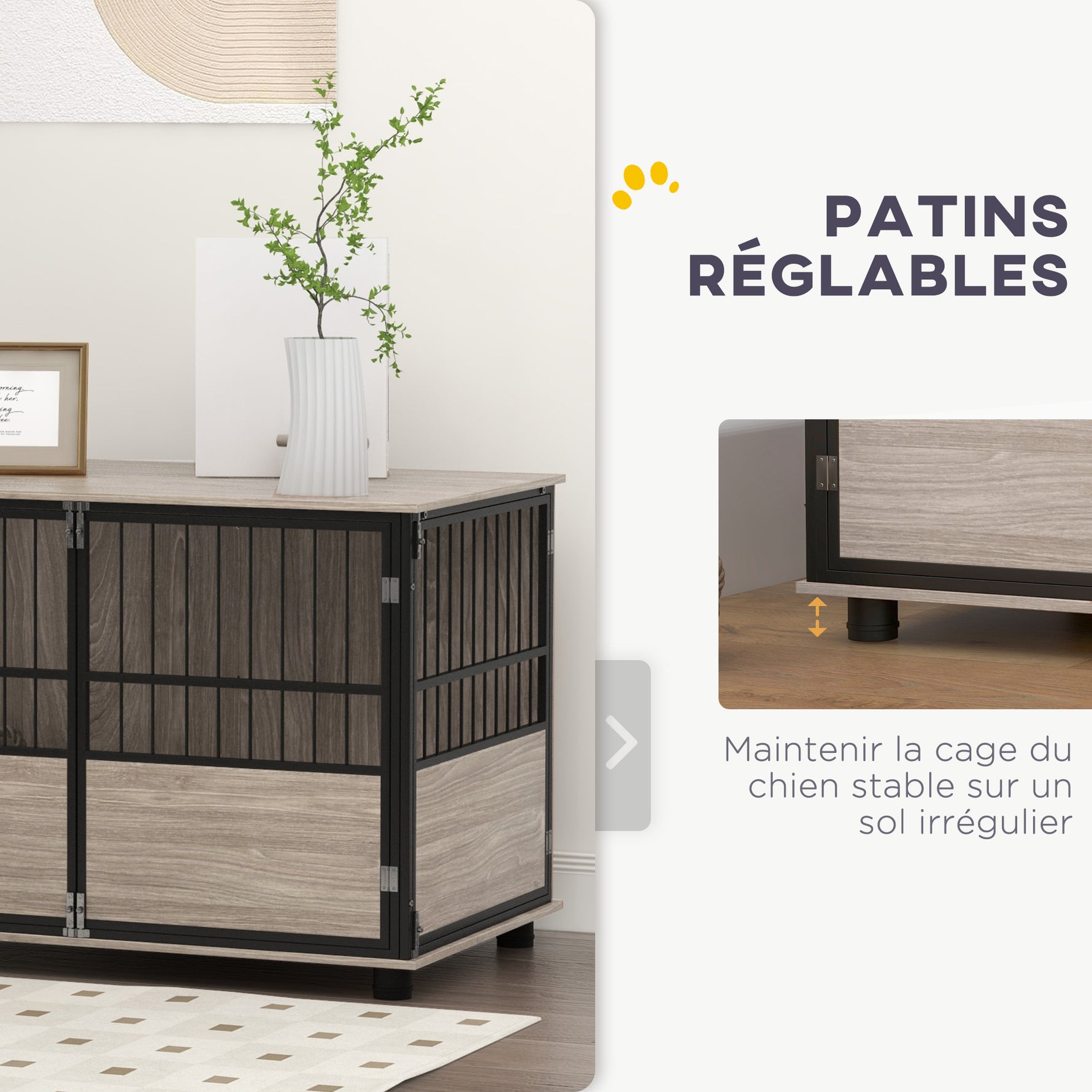 Cage pour chien intérieur, table d'appoint, 100 x 60 x 68 cm, niche, 3 portes verrouillables,  aspect bois noir