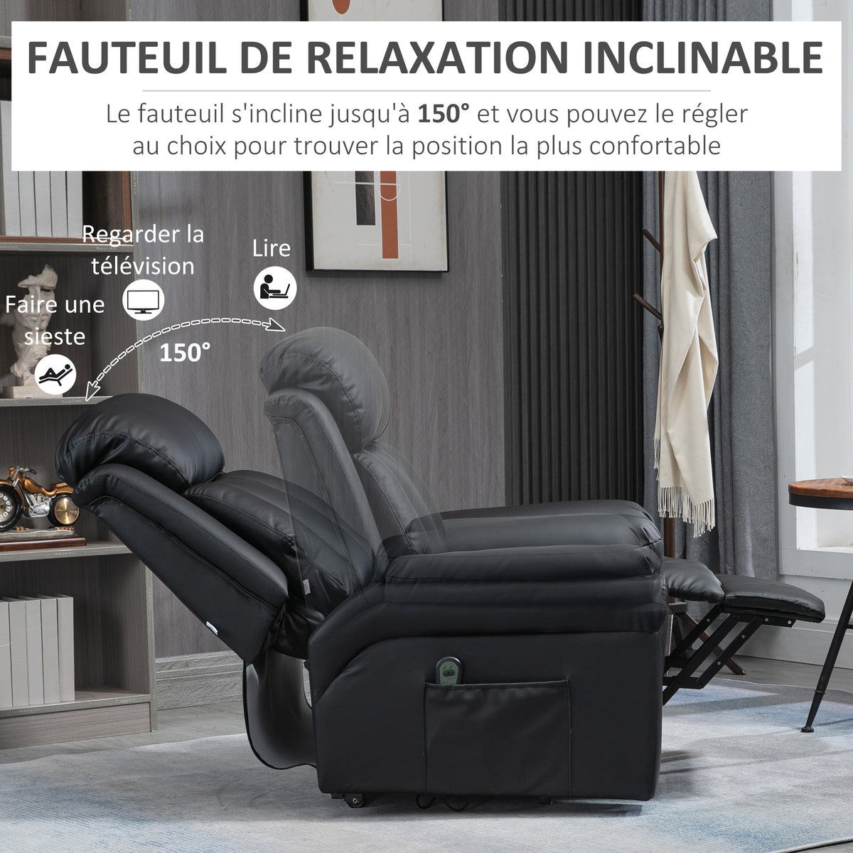 Sillón de relax eléctrico, sillón elevador reclinable con reposapiés ajustable, revestimiento sintético negro