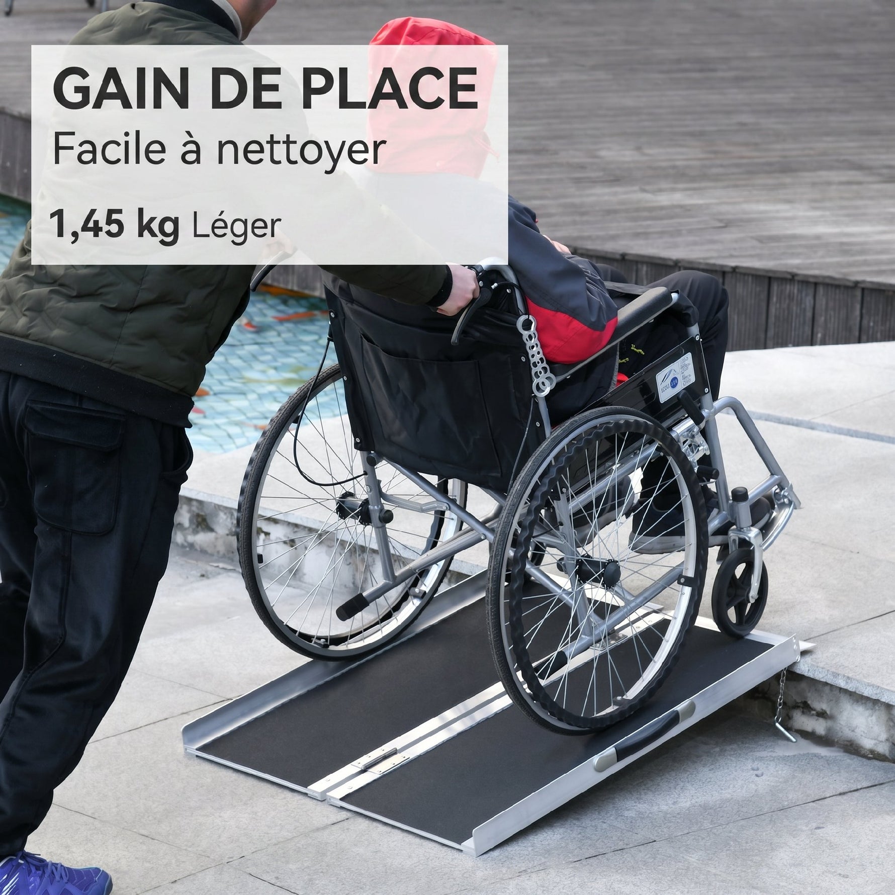 Rampe de Fauteuil Roulant Rampe de Chargement Rampe d'accès antidérapante Pliable avec Bordures de sécurité Max. 270 Kg dim. 91L x 72l x 5H cm alu. Noir